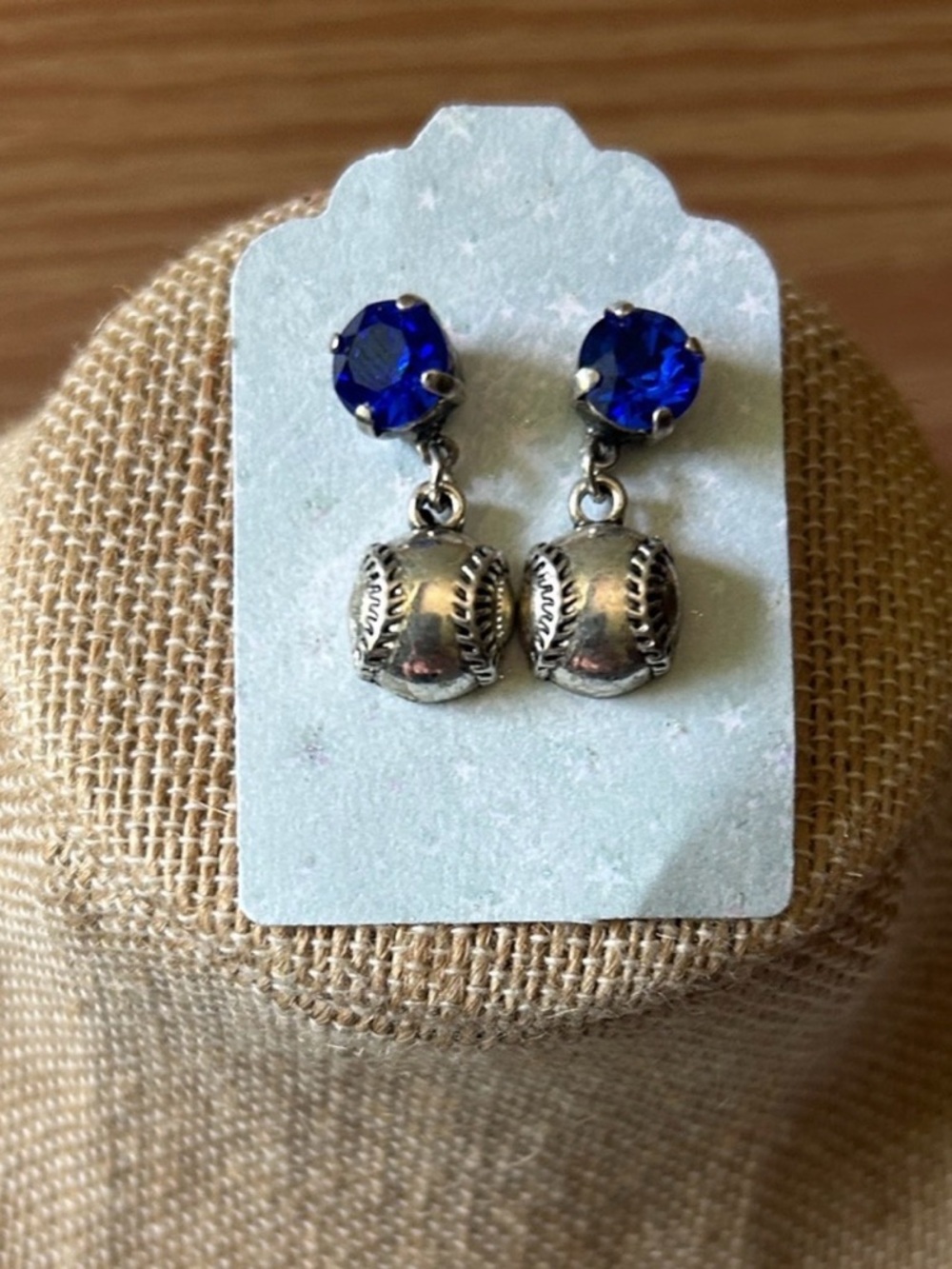 Silver Baseball Charm Drop Earrings with Deep Blue Crystal Studs